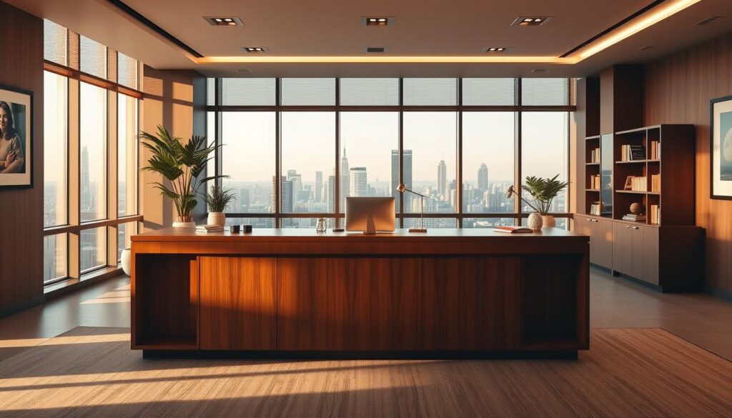 A modern, well-appointed law office with a warm, professional atmosphere. The focal point is a large, wooden desk with a sleek, minimalist design, set against a backdrop of floor-to-ceiling windows overlooking a bustling city skyline. Soft, indirect lighting creates a calming ambiance, while carefully curated artwork and plants add a touch of sophistication. The space exudes an air of authority and competence, instilling a sense of trust and confidence in the firm's capabilities. The overall impression is one of a reputable, well-established law practice that prioritizes client service and attention to detail.