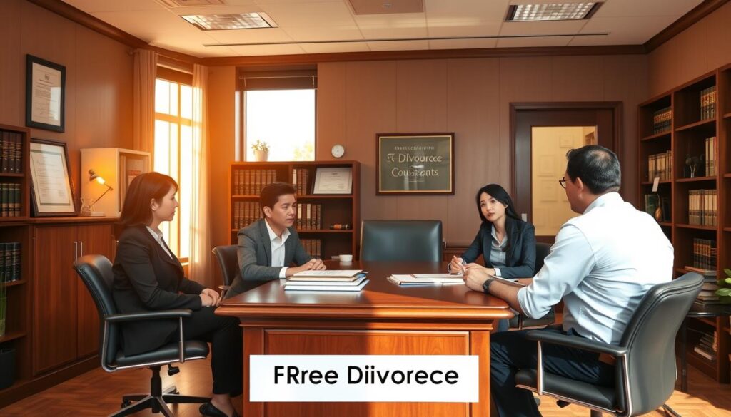 A modern, well-appointed office interior with professional legal consultants providing free divorce counseling. Warm, natural lighting filters through large windows, creating a calming ambiance. The consultants, dressed in formal attire, sit across a sturdy wooden desk, engaged in an earnest discussion with a distressed client. The room is adorned with diplomas, law books, and discreet signage highlighting the "Free Divorce Consultation" service. An air of empathy and expertise pervades the scene, conveying the helpful, supportive nature of the service.
