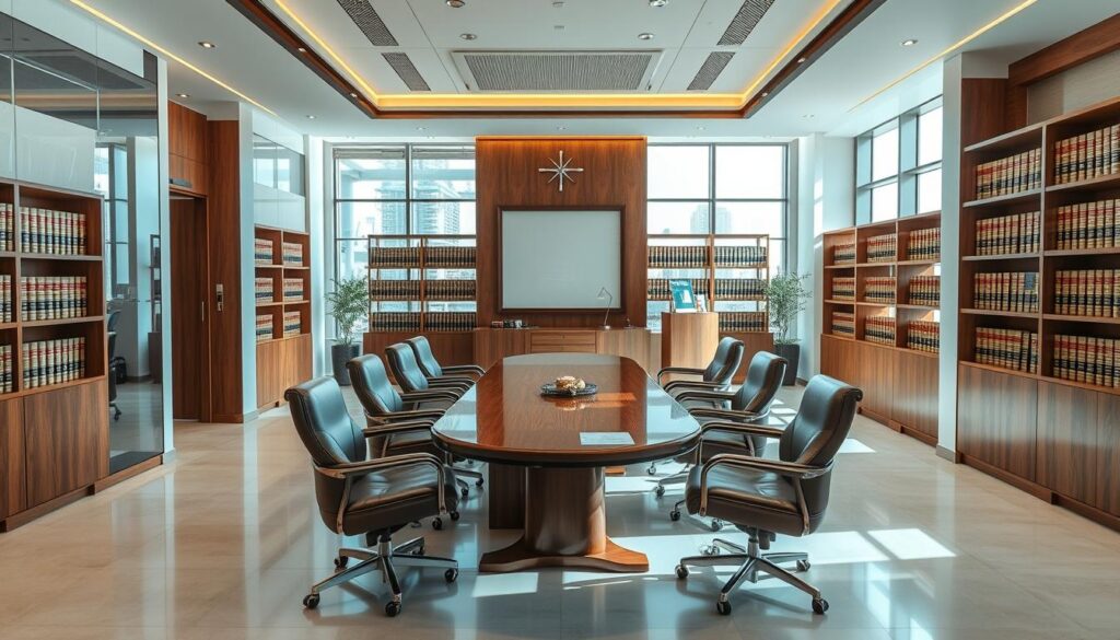 A modern, well-lit law office in Jeddah, with a sleek and professional atmosphere. The interior features clean lines, tasteful decor, and floor-to-ceiling windows that flood the space with natural light. At the center, a polished wood conference table surrounded by comfortable leather chairs, creating an inviting environment for client consultations. Shelves lining the walls are stocked with legal volumes, conveying a sense of expertise and trustworthiness. The overall impression is one of a reputable, client-focused law firm dedicated to protecting the rights and interests of its clientele.