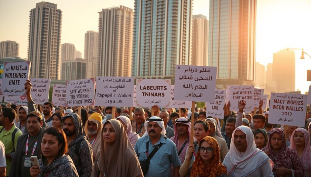 A peaceful protest in the bustling streets of Riyadh, where workers gather to raise awareness of their labor rights. In the foreground, a diverse group of men and women stand united, holding signs with slogans that demand fair wages, safe working conditions, and protection against exploitation. The middle ground features a cityscape of modern high-rises, reflecting the economic growth of Saudi Arabia, while the background is bathed in warm, golden sunlight, symbolizing the hope for a brighter future for the kingdom's workforce. The scene conveys a sense of determination, solidarity, and a call for positive change in the realm of workers' rights.