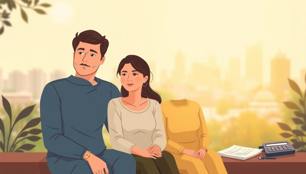 A peaceful, warm-toned illustration depicting life insurance tips. In the foreground, a family sits together, expressions thoughtful yet serene. Behind them, an array of financial documents and a calculator suggest the process of researching and selecting the right policy. Soft, diffused lighting creates a calming atmosphere, while a blurred cityscape in the distance conveys a sense of security and stability. The composition is balanced, with clean lines and a harmonious color palette that evokes trust and reliability - qualities essential when making important financial decisions.