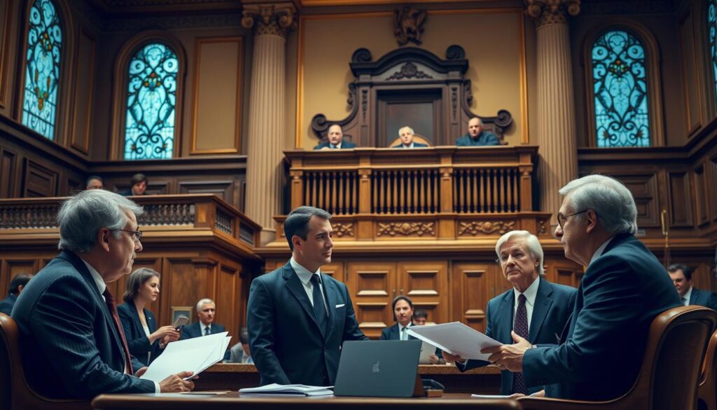 A professional and ethical courtroom scene with lawyers and judges, showcasing the principles of justice, fairness, and integrity in legal relationships. The room is well-lit, with warm tones and a sense of solemnity. Judges sit elevated, dressed in robes, while lawyers converse with clients, their expressions conveying gravity and responsibility. The architecture features ornate columns, carved woodwork, and stained-glass windows, evoking the tradition and authority of the legal system. The overall atmosphere is one of seriousness, diligence, and a commitment to upholding the moral foundations of the law.