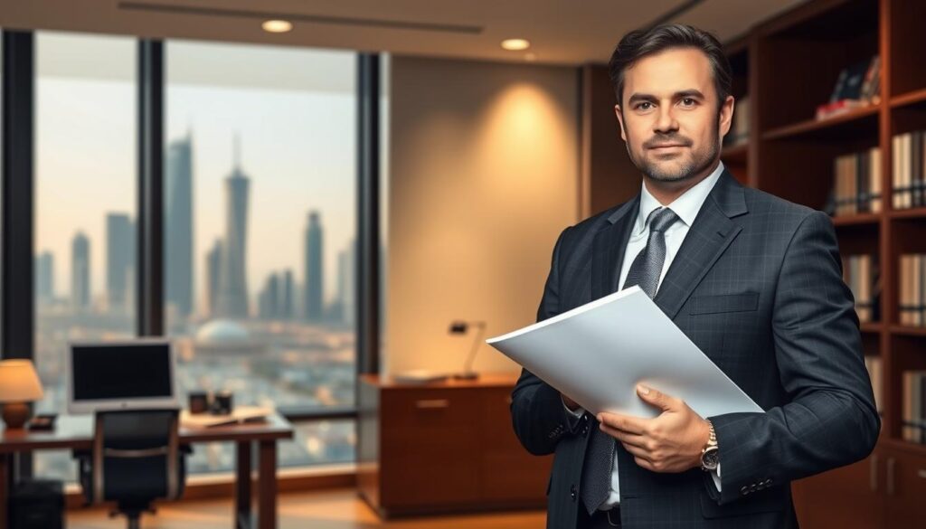 A professional attorney standing confidently in the foreground, dressed in a sharp suit and tie, holding legal documents in their hand. In the middle ground, a modern law office setting with bookshelves, a desktop computer, and other office accessories. The background depicts the skyline of Dammam, Saudi Arabia, with the city's iconic skyscrapers and landmarks visible. The lighting is warm and inviting, creating a sense of professionalism and authority. The overall atmosphere conveys the expertise and diligence required for filing legal complaints effectively.