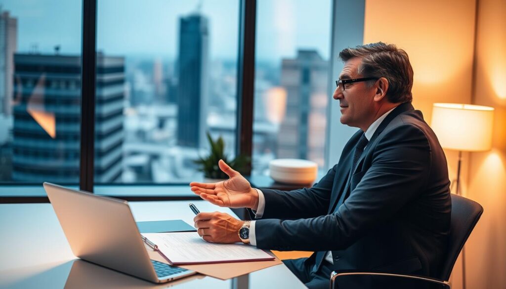 A professional business person sitting at a desk, engaging in a serious discussion with a lawyer dressed in a sharp suit. The scene is set in a modern, well-lit office environment, with a window overlooking a cityscape in the background. The lighting is warm and focused, drawing attention to the interaction between the two individuals. Their body language and expressions convey a sense of trust, collaboration, and the importance of effective communication. The overall atmosphere is one of professionalism, attention to detail, and the gravity of the legal matters at hand.