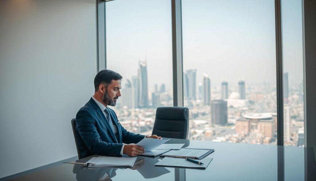A professional corporate lawyer sitting at a desk in a modern, well-lit office. The lawyer is wearing a sharp, navy blue suit and is focused on reviewing documents. The office has a minimalist, sophisticated design with clean lines and neutral tones. The background features a large window overlooking the bustling city of Riyadh, with its iconic skyscrapers and landmarks visible in the distance. The lighting is natural, with a soft, warm glow illuminating the scene. The overall atmosphere conveys a sense of competence, efficiency, and attention to detail, reflecting the professional services offered by a skilled corporate lawyer.