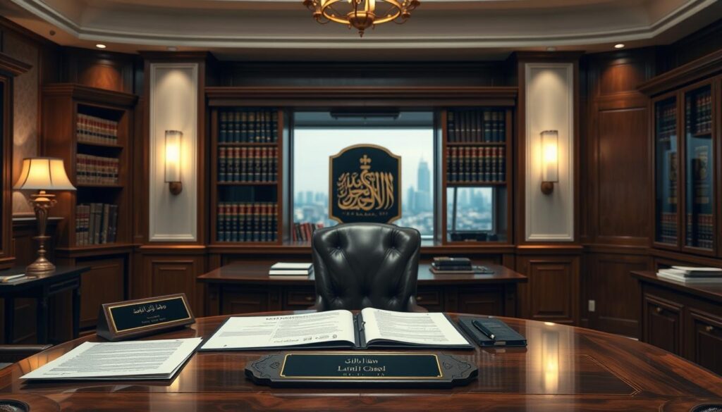 A professional, detailed interior scene depicting the legal requirements for practicing law in Saudi Arabia. The foreground features a large, ornate wooden desk with a nameplate and various legal documents. In the middle ground, a bookshelf filled with legal tomes and a plaque displaying the Saudi coat of arms. The background shows a window overlooking a cityscape, with subtle lighting conveying a sense of authority and prestige. The overall atmosphere is one of formal, institutional professionalism befitting the legal industry.