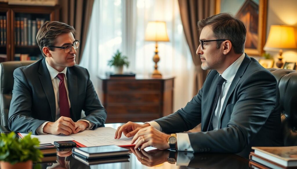 A professional, experienced lawyer sits at their desk, discussing confidential matters with a client in a cozy, well-appointed office. Soft, warm lighting casts a gentle glow, creating an atmosphere of trust and open communication. The client leans forward, engaged in the conversation, as the lawyer listens intently, their expression conveying empathy and understanding. The scene captures the essence of the lawyer-client relationship - a partnership built on expertise, discretion, and a shared pursuit of justice.