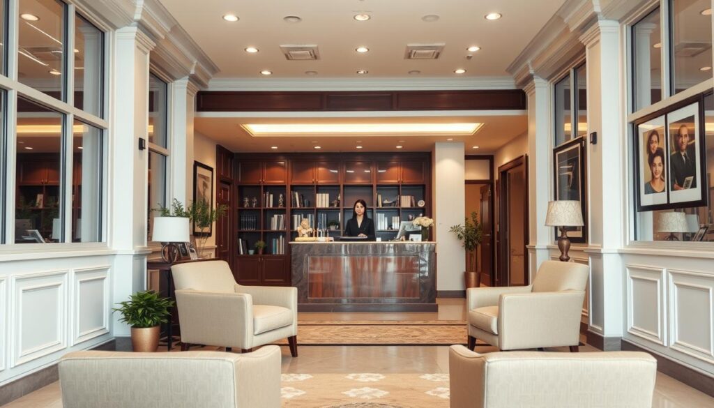 A professional law office in the northern Riyadh district, with a warm and inviting atmosphere. The building features a classic architectural style, with large windows and a well-manicured exterior. Inside, the lobby is adorned with tasteful décor, creating a sense of sophistication and attention to detail. The lighting is soft and ambient, casting a gentle glow over the space. In the foreground, a pair of comfortable armchairs invites clients to sit and discuss their legal matters in a private and confidential setting. The middle ground showcases a reception desk, where a professional and approachable staff member is ready to assist. The background depicts a row of private offices, where experienced attorneys can be found providing ethical and diligent counsel.