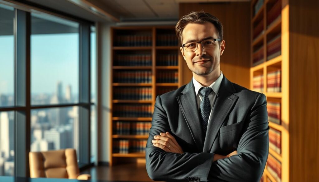 A professional lawyer in a business suit standing confidently in a modern, well-lit office. The lawyer's body language and facial expression convey competence and expertise. In the background, there are shelves of law books and a large window overlooking a cityscape, suggesting the lawyer's extensive knowledge and success. The lighting is warm and directional, casting subtle shadows that accentuate the lawyer's features. The composition is balanced, with the lawyer positioned slightly off-center to create visual interest. The overall scene suggests a capable and trustworthy legal professional who can provide valuable services to their clients.