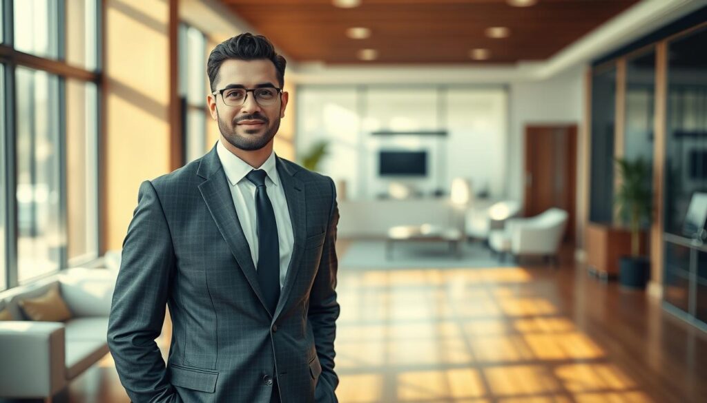 A professional lawyer in a crisp suit, standing confidently in a modern office in Tabuk, Saudi Arabia. The room is filled with natural light, gleaming hardwood floors, and minimalist furniture. The lawyer's expression conveys expertise and approachability, ready to assist clients with their legal matters. The background is blurred, focusing attention on the lawyer's authoritative presence. Subtle warm tones create a welcoming atmosphere, reflecting the lawyer's ability to provide reliable guidance and personalized solutions to the challenges faced by the people of Tabuk.