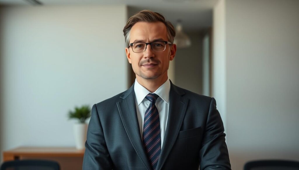 A professional lawyer in a well-tailored suit standing confidently in a modern, minimalist office setting. Soft, directional lighting illuminates their face, creating a sense of authority and expertise. The background features clean lines, subtle textures, and muted tones, drawing the viewer's attention to the attorney's poised and authoritative presence. The overall atmosphere conveys a sense of competence, trustworthiness, and the ability to navigate complex administrative legal matters with skill and professionalism.