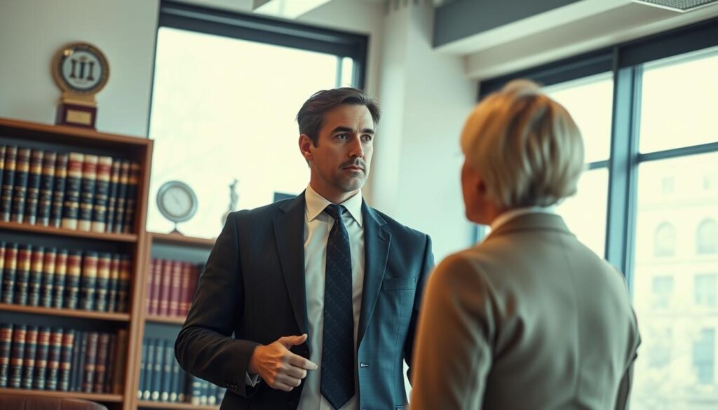 A professional lawyer stands in a well-lit, modern office, exuding confidence and expertise. The foreground features the lawyer in a tailored suit, deep in thoughtful discussion with a client. The middle ground showcases the lawyer's bookshelf, adorned with legal tomes and accolades, conveying a sense of authority and trust. The background depicts a large window, allowing natural light to stream in, creating a warm and welcoming atmosphere. The overall scene evokes a sense of professionalism, approachability, and the importance of the lawyer-client relationship.