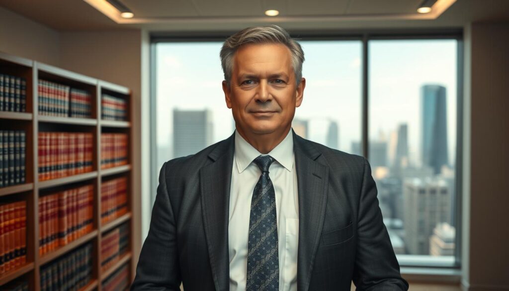 A professional legal attorney standing confidently in a well-lit, modern law office. The middle-aged man wears a sharp, tailored suit and tie, his expression conveying a sense of authority and expertise. Behind him, a bookshelf filled with leather-bound volumes and a large window overlooking a cityscape create a sophisticated, authoritative atmosphere. Soft, directional lighting from above casts subtle shadows, highlighting the attorney's confident posture. The composition places the lawyer in the center, commanding the viewer's attention, ready to provide legal counsel and representation.