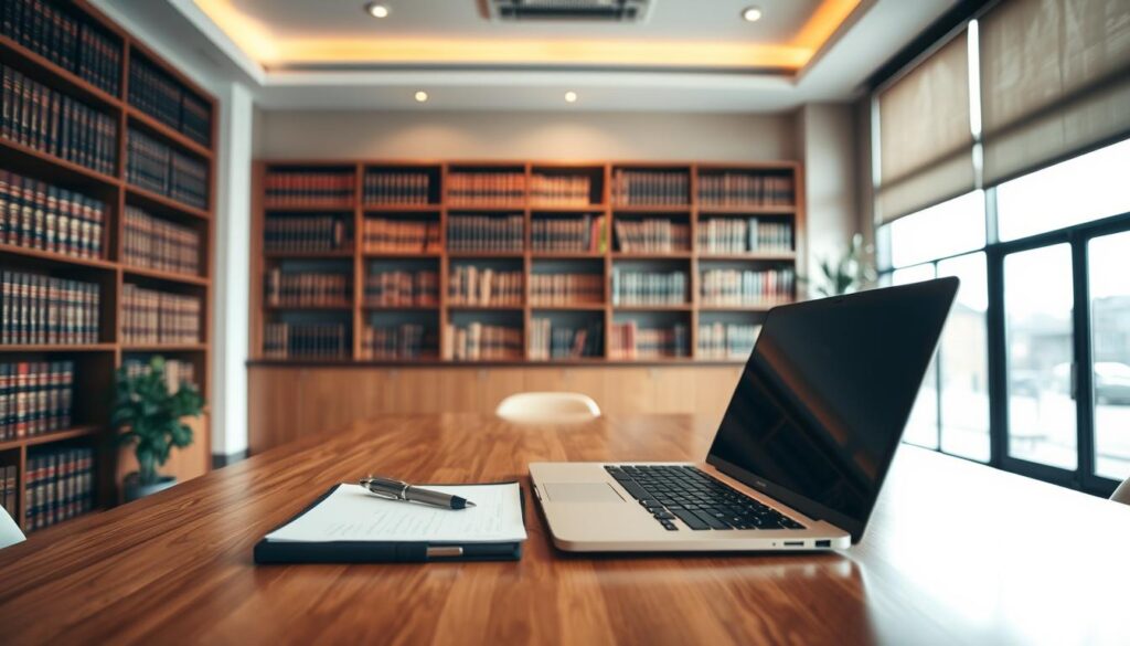 A professional legal consultation office with a warm, inviting atmosphere. The foreground features a wooden desk with a laptop, pen, and notepad, symbolizing the process of writing a legal consultation request. The middle ground showcases a bookshelf filled with law books, conveying a sense of expertise and authority. The background depicts large windows, allowing natural light to flood the space, creating a calming and productive environment. The lighting is soft and diffused, creating a professional yet approachable mood. The camera angle is slightly elevated, providing a clean and unobstructed view of the scene.