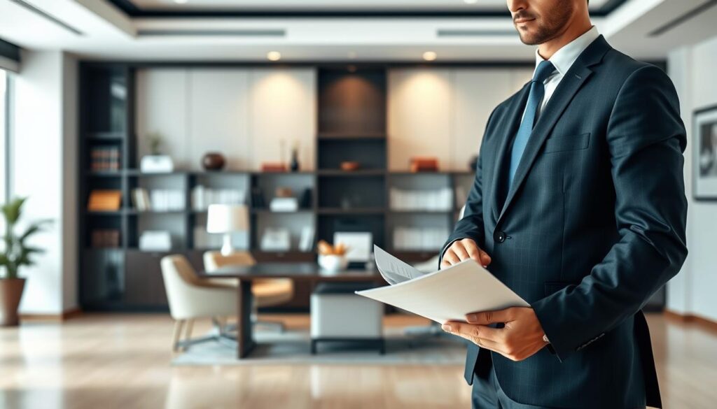 A professional-looking lawyer in a tailored suit, standing confidently in a modern, well-lit law office. The foreground shows the lawyer's upper body, with a focused expression on their face as they review documents. The middle ground features a tasteful, minimalist office setting with a clean, neutral color palette, including a sleek desk, bookshelves, and high-end furnishings. The background gently blurs out, creating a sense of depth and professionalism. The lighting is soft and directional, casting subtle shadows and highlighting the lawyer's features. The overall mood is one of competence, trustworthiness, and attention to detail, reflecting the high-caliber legal services offered.