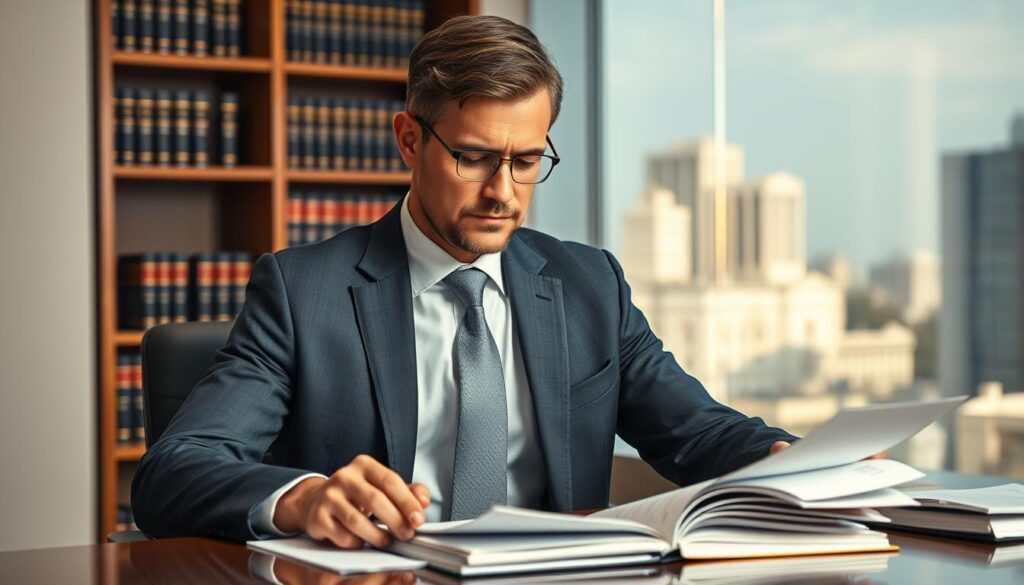 A professional male lawyer wearing a tailored suit and tie, sitting at a desk in a modern, well-lit office. He is intently studying documents and case files, with a focused and determined expression on his face. The background features a bookshelf filled with legal volumes, and a large window overlooking a cityscape, indicating his expertise in administrative law. Soft, directional lighting illuminates the scene, creating a sense of professionalism and authority. The overall atmosphere conveys the lawyer's dedication to his clients and the seriousness of administrative legal proceedings.