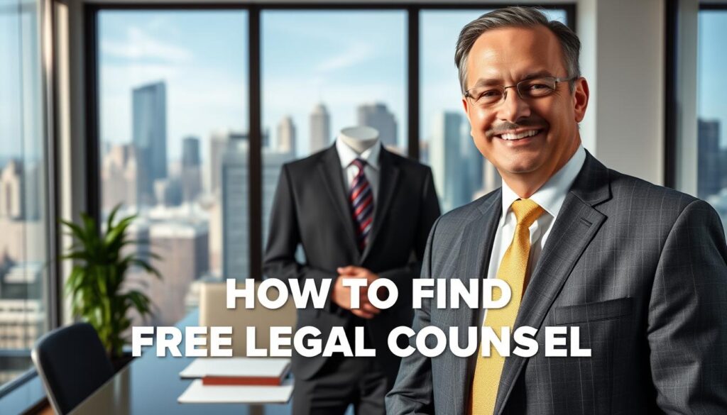 A professional man in a suit and tie, standing confidently in a modern law office. The foreground features the lawyer's upper body, with a warm, friendly expression on his face. The middle ground shows a clean, organized desk with a laptop, legal documents, and a nameplate that reads "Free Legal Consultation." In the background, floor-to-ceiling windows offer a view of a bustling city skyline, conveying a sense of professionalism and accessibility. The lighting is soft and natural, creating a welcoming atmosphere. The composition emphasizes the lawyer's approachability and the availability of free legal services, capturing the essence of the section title "How to Find Free Legal Counsel."