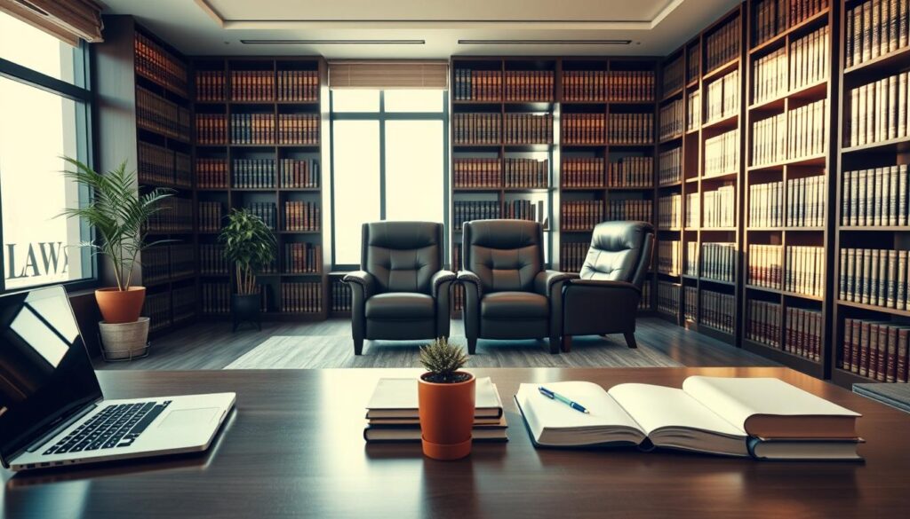A professional, modern law firm office interior with natural light filtering through large windows. The foreground features a desk with a laptop, legal books, and a potted plant. In the middle ground, there are two leather chairs facing each other, creating an inviting consultation space. The background showcases wall-to-wall bookshelves filled with volumes of legal resources. The lighting is warm and subdued, creating a tranquil, authoritative atmosphere. The color palette is muted tones of beige, brown, and grey, giving an air of sophistication and expertise. The overall scene conveys the essence of legal consultations in Saudi Arabia.
