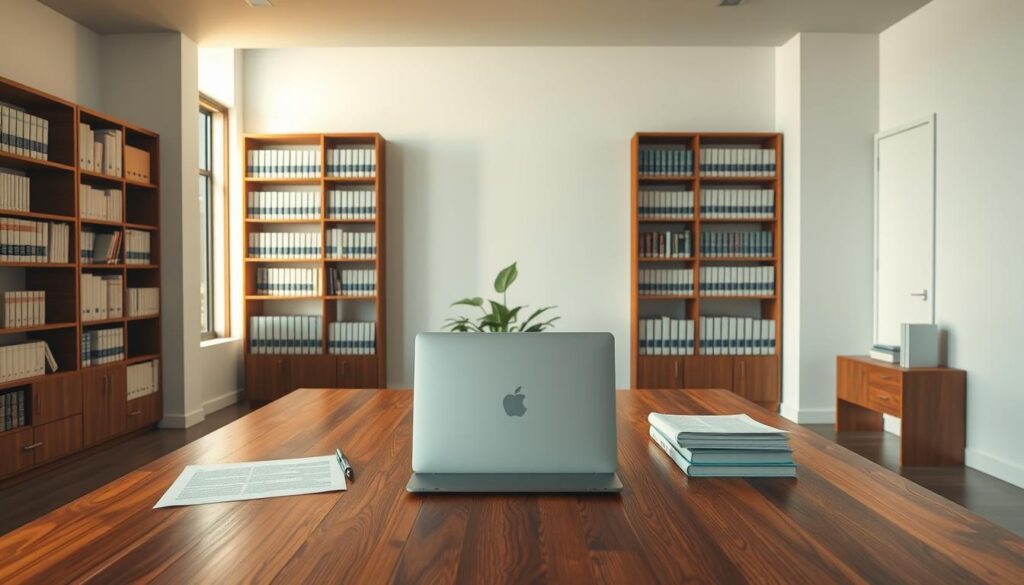 A professional office interior with a minimalist, modern design. A large wooden desk with a laptop, pen, and legal documents takes up the foreground, bathed in warm, diffused lighting from a large window. Behind the desk, bookshelves line the walls, filled with legal tomes. The room has a calming, serene atmosphere, conveying the sense of professional expertise and trustworthiness. In the middle ground, a potted plant adds a touch of greenery, while the background showcases a clean, white wall with subtle textural details. The overall composition suggests a space dedicated to providing high-quality legal advice and consultation. A professional office interior with a minimalist, modern design. A large wooden desk with a laptop, pen, and legal documents takes up the foreground, bathed in warm, diffused lighting from a large window. Behind the desk, bookshelves line the walls, filled with legal tomes. The room has a calming, serene atmosphere, conveying the sense of professional expertise and trustworthiness. In the middle ground, a potted plant adds a touch of greenery, while the background showcases a clean, white wall with subtle textural details. The overall composition suggests a space dedicated to providing high-quality legal advice and consultation.