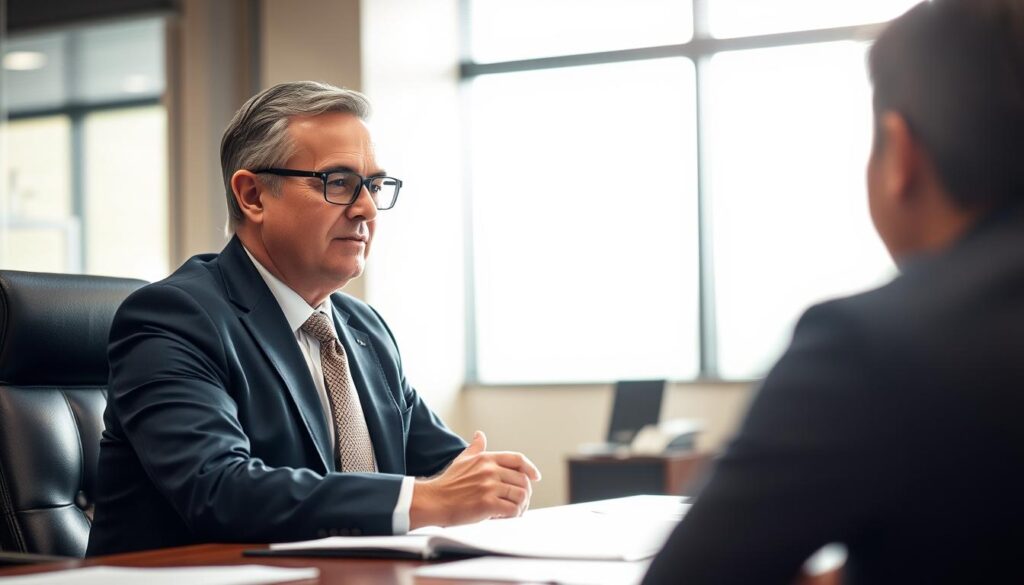 A professional, well-dressed lawyer sitting at a desk, engaged in a thoughtful discussion with a client. The lighting is warm and inviting, creating a sense of trust and openness. The lawyer's expression is attentive and his body language conveys a genuine interest in understanding the client's needs. The background is blurred, keeping the focus on the two individuals and their interaction. The scene exudes an atmosphere of professionalism, competence, and effective communication.