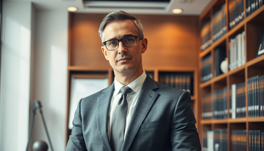 A professional, well-dressed male lawyer standing confidently in a modern, well-lit law office, surrounded by bookshelves and legal documents. He has a focused, thoughtful expression, exuding a sense of expertise and dedication to his craft. The lighting casts subtle shadows, giving the scene a sense of depth and professionalism. The composition places the lawyer at the center, with the background elements creating a sense of context and authority. The overall mood is one of competence, reliability, and the ability to handle complex legal matters with care and precision.