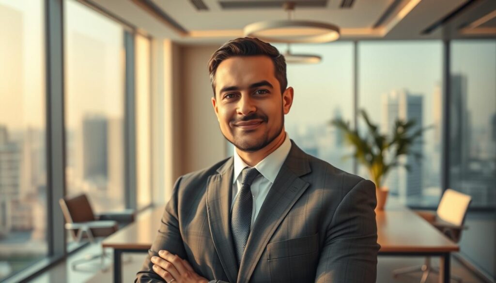 A professionally dressed corporate lawyer standing confidently in a well-appointed office in Jeddah, Saudi Arabia. The lawyer's expression is one of expertise and authority, with a subtle air of approachability. The office features modern, minimalist decor with floor-to-ceiling windows overlooking the city skyline. Warm, natural lighting filters in, creating a serene and professional atmosphere. The lawyer is positioned in the foreground, with the office details providing a complementary middle ground and background. The overall composition and mood convey the lawyer's specialization in corporate law and their ability to provide tailored, high-quality legal services to businesses in Jeddah.