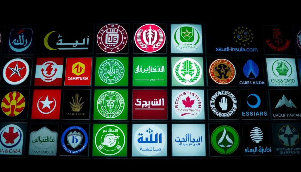 A prominently featured array of logos and emblems representing the leading insurance companies in Saudi Arabia, captured in a vibrant, high-contrast commercial style. The foreground displays the most recognizable corporate identities with crisp, vivid detail, while the middle and background layers subtly suggest the depth and diversity of the industry. Lighting is dramatic, with a sense of energy and professionalism. The overall composition conveys the significance and prominence of the major players in the Saudi insurance market.