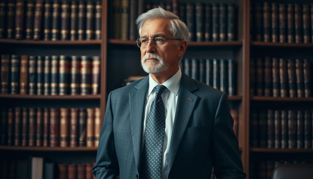 A seasoned legal professional standing in a well-appointed office, wearing a tailored suit and tie. Confident posture, thoughtful expression, surrounded by bookshelves and legal documents. Warm, directional lighting casts subtle shadows, emphasizing the gravity and importance of the role. A sense of expertise, experience, and dedication to upholding the law. The composition conveys an air of authority, professionalism, and the ability to navigate complex legal matters with skill and precision.