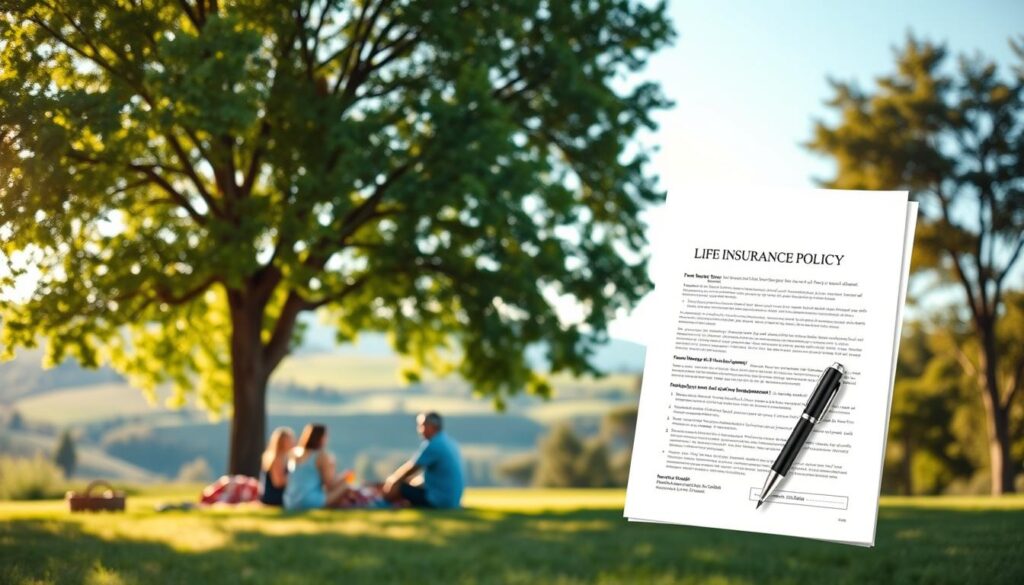 A serene and peaceful scene depicting the key benefits of life insurance. In the foreground, a family enjoying a picnic under a lush, verdant tree, surrounded by soft natural light. In the middle ground, a well-designed, modern life insurance policy document, its details legible but not the focus. In the background, a tranquil landscape with rolling hills and a clear blue sky, conveying a sense of security and stability. The overall mood is one of comfort, protection, and financial well-being, capturing the essence of the advantages of life insurance coverage.