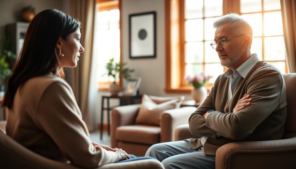 A serene and supportive counseling session in a warm, inviting office. A sympathetic therapist listens intently as a client, brow furrowed with concern, discusses the emotional challenges of navigating a legal dispute. Soft, natural lighting filters through large windows, casting a calming glow. Tasteful decor and plush furnishings create an atmosphere of comfort and care. The client's body language conveys a sense of vulnerability, but the therapist's compassionate expression offers solace. This scene captures the essence of psychological support during the stressful experience of legal conflicts.