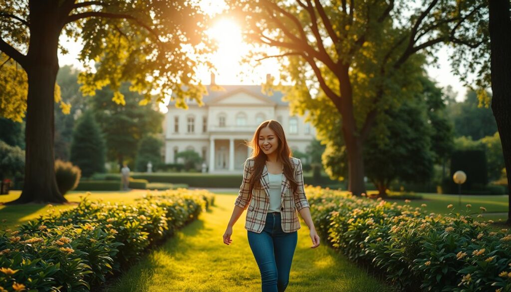 A serene and tranquil scene of a young couple walking hand-in-hand through a lush, verdant garden. The sunlight filters softly through the canopy of trees, casting a warm, golden glow over the scene. In the background, a stately mansion stands, its elegant architecture reflecting the timelessness of the moment. The couple's expressions convey a sense of security and contentment, symbolizing the peace of mind that a life insurance policy can provide. The image captures the essence of "التأمين على الحياة بمدة محددة" - a finite, yet meaningful period of protection and financial stability.