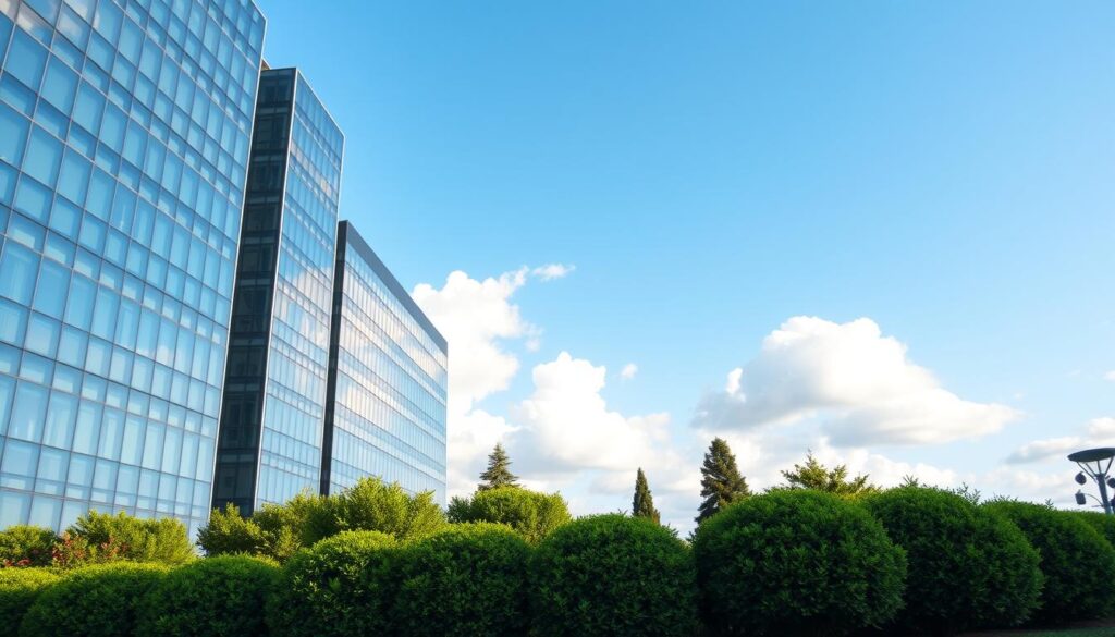 A serene and vibrant image of the "Best life insurance company" headquarters. In the foreground, a modern glass and steel building with a sleek, contemporary design stands tall, reflecting the sky and surrounding environment. The middle ground features a well-manicured landscape with lush greenery, including meticulously trimmed bushes and towering trees. In the background, a clear blue sky with fluffy white clouds creates a calming and tranquil atmosphere. The lighting is soft and natural, casting a warm glow across the scene. The camera angle is slightly elevated, providing a comprehensive view of the entire composition. The overall mood conveys a sense of reliability, stability, and professionalism, suitable for a leading life insurance company.