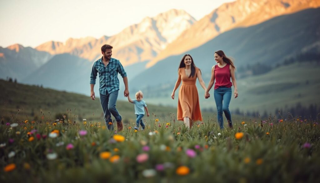 A serene landscape with a lush, verdant meadow in the foreground, dotted with vibrant wildflowers. In the middle ground, a family strolls hand-in-hand, expressing joy and contentment. The background features a majestic mountain range, its peaks bathed in warm, golden sunlight. The scene conveys a sense of security, stability, and the enduring bond of a lifetime. The lighting is soft and diffused, creating a tranquil, enveloping atmosphere. The camera angle is slightly elevated, capturing the scene from a contemplative perspective, allowing the viewer to immerse themselves in the peaceful, timeless moment.
