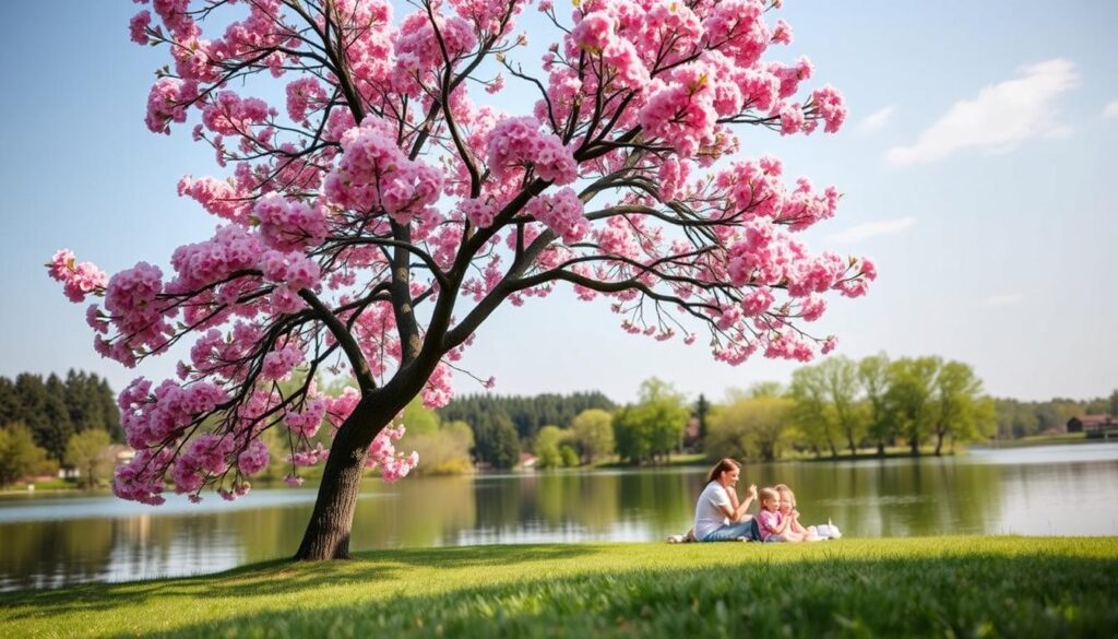 A serene, natural landscape with a vibrant, blossoming tree in the foreground, representing the vitality and growth associated with life insurance. In the middle ground, a family of four - a mother, father, and two children - enjoying a picnic under the tree's shade, conveying the sense of security and protection that life insurance provides. The background features a tranquil lake reflecting the clear sky, symbolizing the peace of mind and financial stability offered by life insurance. The scene is illuminated by soft, diffused lighting, creating a warm, inviting atmosphere. A low-angle perspective accentuates the towering presence of the tree, emphasizing its role as a metaphor for the importance of life insurance.