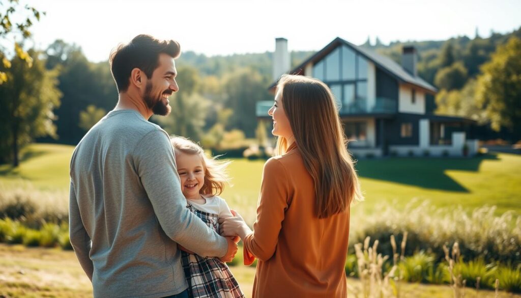 A serene, sun-dappled scene depicting the benefits of life insurance. In the foreground, a family gathers - a loving couple with their two young children, all radiant with joy and contentment. In the middle ground, a modern, well-appointed home stands as a symbol of security and stability. The background features a lush, verdant landscape, suggesting the tranquility and peace of mind that life insurance can provide. Soft, warm lighting bathes the scene, creating an atmosphere of comfort and well-being. The composition is balanced and harmonious, conveying the sense of protection and care that life insurance offers.