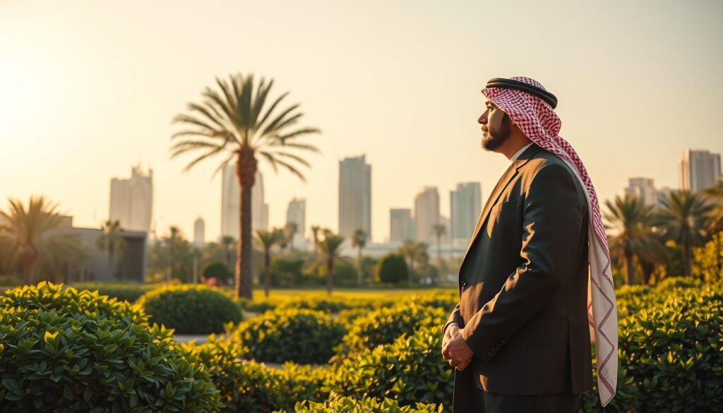 A serene, tranquil scene depicting the importance of life insurance in Saudi Arabia. A well-dressed Saudi man stands in a lush, verdant garden, gazing contemplatively at a towering palm tree, symbolizing the longevity and security that life insurance can provide. The warm, golden sunlight bathes the scene, creating a sense of comfort and stability. In the background, a modern, yet traditional-inspired Saudi Arabian cityscape, with its distinctive architecture, suggests the prosperous and thriving environment that this life insurance can help protect. The composition is balanced, with the man's calm, confident pose and the surrounding natural and architectural elements creating a harmonious, visually striking image that encapsulates the importance of life insurance in the Saudi context.