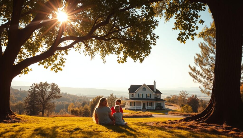 A serene, warm-toned landscape with a focus on a family enjoying the security and peace of mind provided by comprehensive insurance coverage. In the foreground, a happy couple and their two children relax under a shady tree, surrounded by lush greenery and a picturesque horizon. Soft sunlight filters through the branches, creating a tranquil atmosphere. In the middle ground, a modern, well-maintained home symbolizes the protection and stability that insurance offers. The background features a vibrant, cloudless sky, conveying a sense of security and optimism. The scene emphasizes the importance of insurance in providing financial security and safeguarding one's loved ones, making it a suitable representation for the "Importance of Insurance" section of the article.