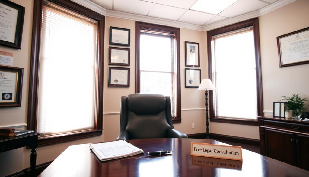 A serene, well-lit office scene with a mahogany desk and a comfortable armchair. A large window in the background provides natural lighting, casting a warm glow over the space. On the desk, there are legal documents, a pen, and a nameplate that reads "Free Legal Consultation". The walls are adorned with framed certificates and diplomas, conveying a sense of professionalism and expertise. The overall atmosphere is one of calm and approachability, inviting the viewer to seek the legal assistance they need.
