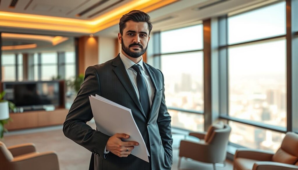A sharply-dressed commercial lawyer standing confidently in his Riyadh office, papers in hand, conveying a sense of professionalism and expertise. The office features contemporary furnishings, warm lighting, and large windows offering a panoramic view of the city skyline. The lawyer's expression is one of determination, ready to tackle the challenges of his client's business objectives. The scene exudes an aura of authority, competence, and a commitment to achieving favorable legal outcomes.
