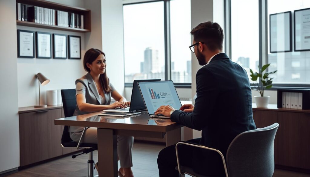 A sleek and modern office interior with clean lines and minimalist decor. Two people sit at a desk, engaged in a video call, discussing legal matters on their laptop screens. Soft lighting illuminates the scene, creating a professional yet approachable atmosphere. The background features bookshelves, framed legal certificates, and a window overlooking a cityscape, suggesting the expertise and authority of the online legal consultation service. The composition emphasizes the convenience and accessibility of the virtual legal advice experience.