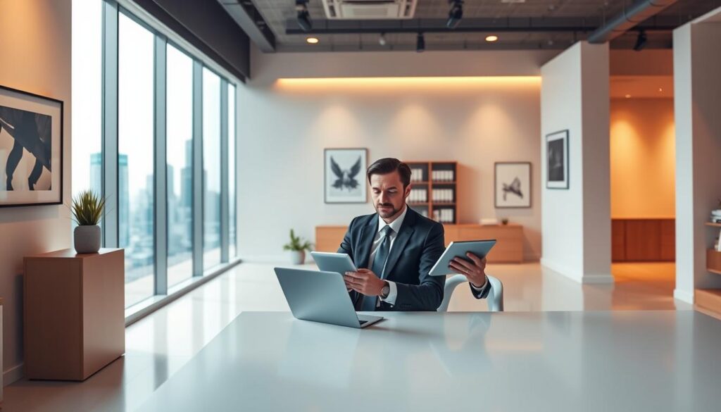 A sleek, modern office interior with a large window overlooking a bustling city skyline. In the foreground, a professional-looking lawyer sits at a minimalist desk, consulting with a client on a tablet. Warm, diffused lighting fills the space, creating a sense of professionalism and technological sophistication. The walls are adorned with minimalist artworks, reflecting the law firm's contemporary aesthetic. In the background, bookshelves and filing cabinets suggest the depth of legal knowledge available. The overall scene conveys the ease and convenience of online legal consultations, perfectly capturing the role of technology in modern law practices.