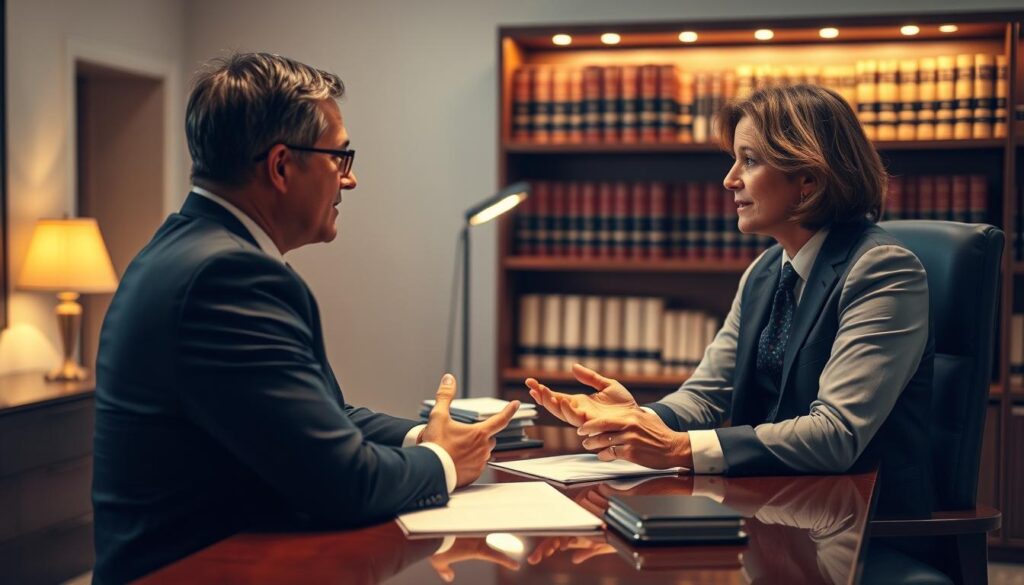 A sophisticated legal consultation scene with a lawyer and client discussing divorce proceedings. The client, dressed in formal attire, sits across a desk from the lawyer, who gestures thoughtfully. Soft, warm lighting illuminates the scene, creating an atmosphere of professional, yet compassionate, discourse. The lawyer's office is tastefully appointed, with bookshelves and legal documents visible in the background, conveying a sense of expertise and authority. The composition emphasizes the importance of the discussion, with the figures occupying a central focus and the scene framed by subtle, elegant surroundings.