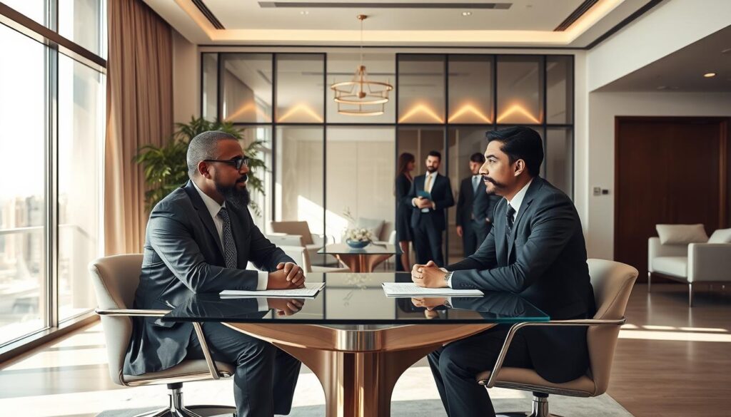 A spacious, modern law office in northern Riyadh, bathed in warm, natural light filtering through large windows. Elegant furniture and decor create a professional yet welcoming atmosphere. In the foreground, two businesspeople sit across a glass table, engaged in a discussion, their expressions serious yet reassuring. Behind them, a team of lawyers confers intently, their body language conveying expertise and diligence. The scene evokes a sense of trust, reliability, and the efficient handling of complex commercial disputes.