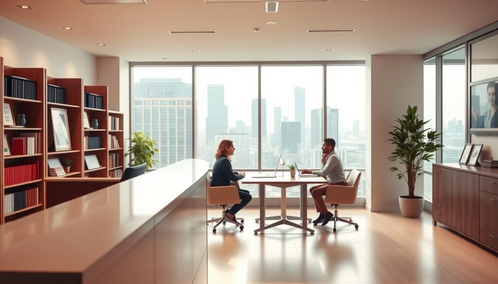 A spacious, modern legal office interior with large windows overlooking a bustling city skyline. A receptionist desk in the foreground, with a warm, welcoming atmosphere. In the middle ground, two people seated at a conference table, engaged in a serious but friendly discussion. The background features bookshelves, framed certificates, and a potted plant, conveying a professional yet approachable environment. Soft, diffused lighting illuminates the scene, creating a sense of trust and transparency. The overall composition suggests a place where individuals can receive free legal guidance and support.