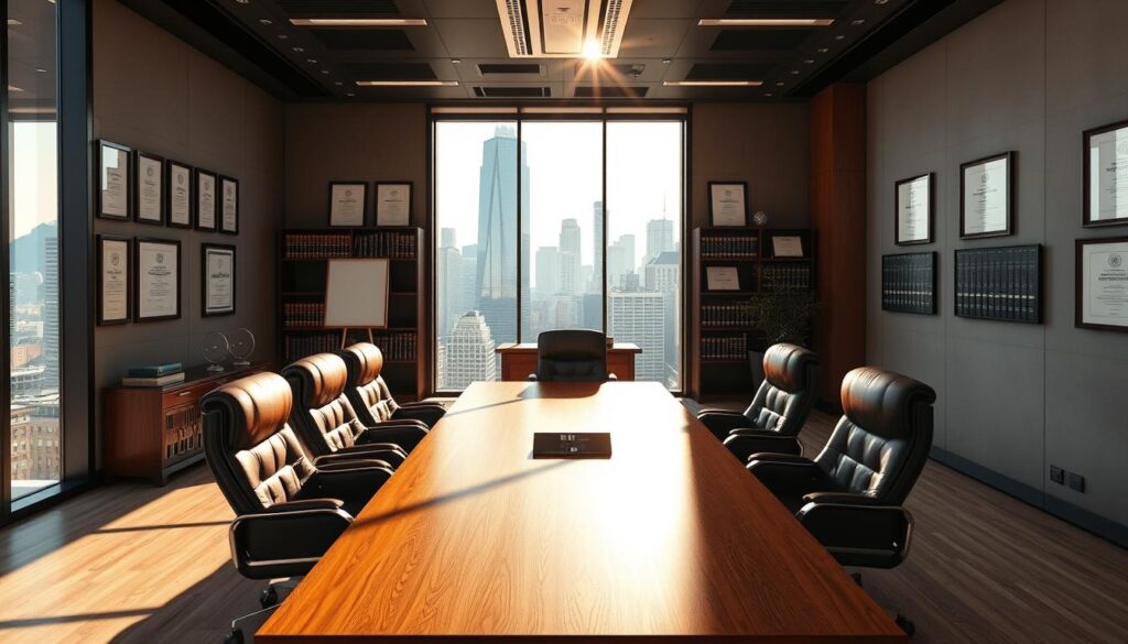 A spacious, modern office interior with floor-to-ceiling windows overlooking a bustling city skyline. Sunlight streams in, casting warm, natural lighting throughout the room. In the foreground, a wooden conference table surrounded by plush leather chairs, creating an atmosphere of professionalism and sophistication. On the walls, framed certificates and awards, signaling the expertise and experience of the legal consultants. In the background, bookshelves filled with legal tomes, and a sleek, minimalist design aesthetic conveys a sense of authority and trustworthiness. The overall impression is one of a reputable, well-established law firm, ready to provide comprehensive legal guidance.