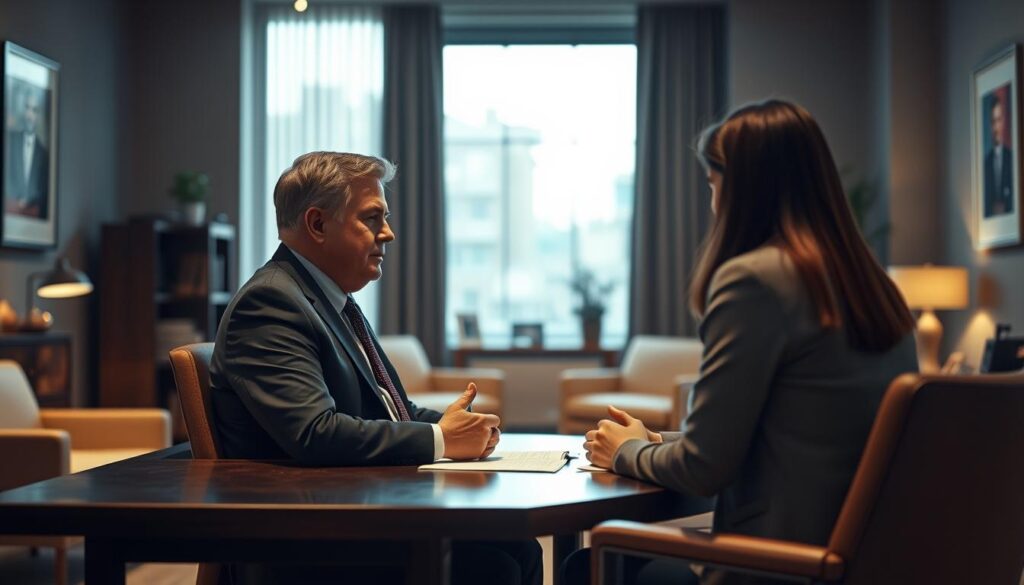 A spacious office interior with a cozy atmosphere. The focus is on a middle-aged man in a suit, sitting at a desk engrossed in conversation with a younger person. The lighting is warm and inviting, with a large window in the background providing natural illumination. The decor is simple yet elegant, with minimalist furniture and tasteful artwork on the walls. The mood is one of trust, professionalism, and a sense of open and accessible legal expertise. The scene conveys the idea of a welcoming and approachable legal consultation, where the client feels heard and supported. A spacious office interior with a cozy atmosphere. The focus is on a middle-aged man in a suit, sitting at a desk engrossed in conversation with a younger person. The lighting is warm and inviting, with a large window in the background providing natural illumination. The decor is simple yet elegant, with minimalist furniture and tasteful artwork on the walls. The mood is one of trust, professionalism, and a sense of open and accessible legal expertise. The scene conveys the idea of a welcoming and approachable legal consultation, where the client feels heard and supported.