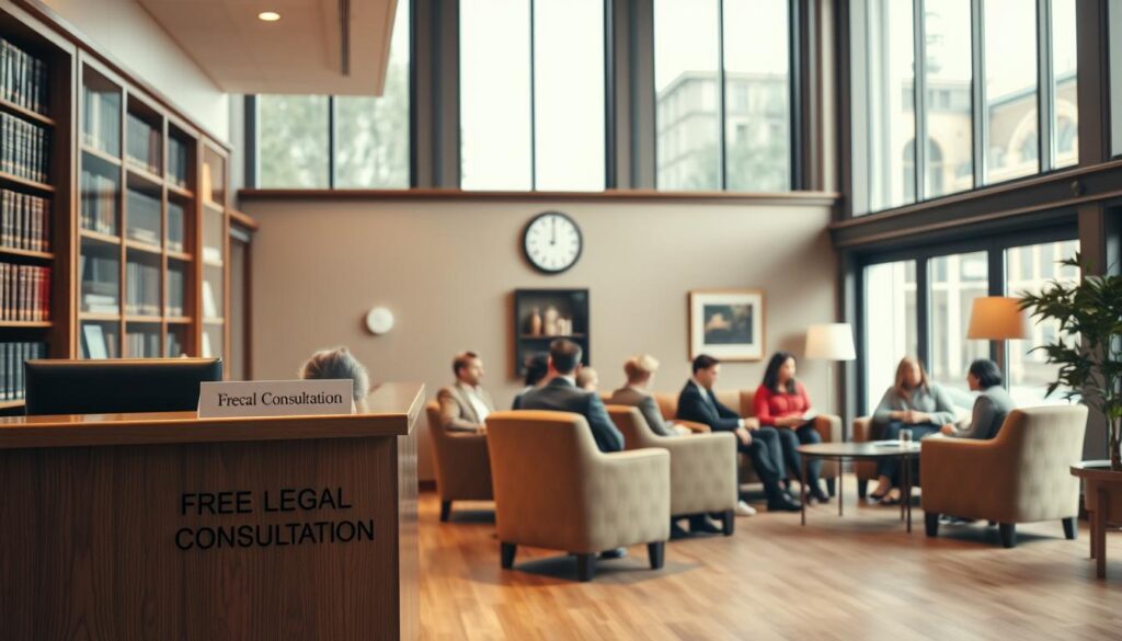 A spacious, well-lit legal office interior. In the foreground, a professional-looking receptionist desk with a discreet "Free Legal Consultation" sign. Behind it, a bookshelf-lined wall with an ornate clock. In the middle ground, a group of people sitting comfortably in plush chairs, engaged in lively discussions with lawyers. The overall atmosphere is one of trust, expertise, and accessibility, conveying the idea of free, high-quality legal advice available to all. Soft, warm lighting filters through large windows, creating a welcoming and inviting ambiance. The composition is balanced, with a sense of depth and attention to detail that elevates the scene.