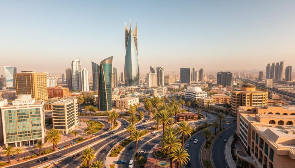 A sprawling cityscape of Riyadh, the capital of Saudi Arabia, showcasing the most prominent law offices. In the foreground, sleek high-rise buildings with modern architectural designs stand tall, their glass facades reflecting the warm desert sun. Winding roads and bustling traffic create a sense of urban dynamism. In the middle ground, lush palm trees sway gently, offering a touch of natural tranquility amidst the concrete jungle. The background is dominated by the iconic Kingdom Centre, its distinctive split-turret design a symbol of Riyadh's financial and legal prowess. The overall scene conveys a sense of professional excellence, wealth, and the city's position as a hub for legal expertise in the region.