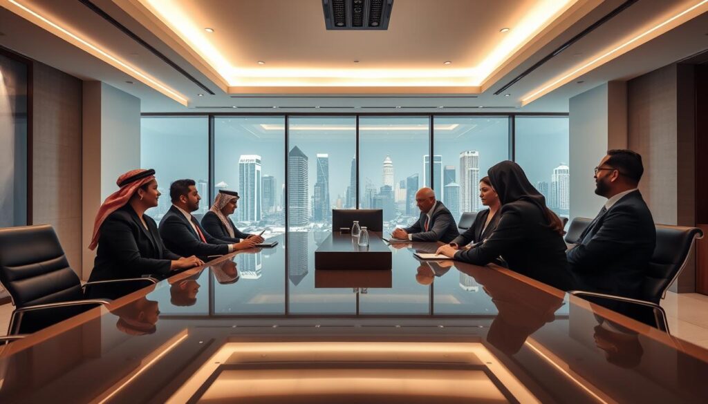 A striking image of a law office in Riyadh, Saudi Arabia. The scene depicts a group of professional lawyers, dressed in formal attire, engaged in a meeting or discussion. The office is modern and well-appointed, with a sleek, minimalist design featuring clean lines, neutral tones, and strategically placed lighting. The lawyers are seated around a large, polished conference table, appearing focused and engaged. The background features an expansive window overlooking the bustling city skyline, adding a sense of sophistication and prestige to the scene. The overall composition conveys a sense of authority, expertise, and attention to detail, reflecting the specialization and professionalism of the legal services offered.