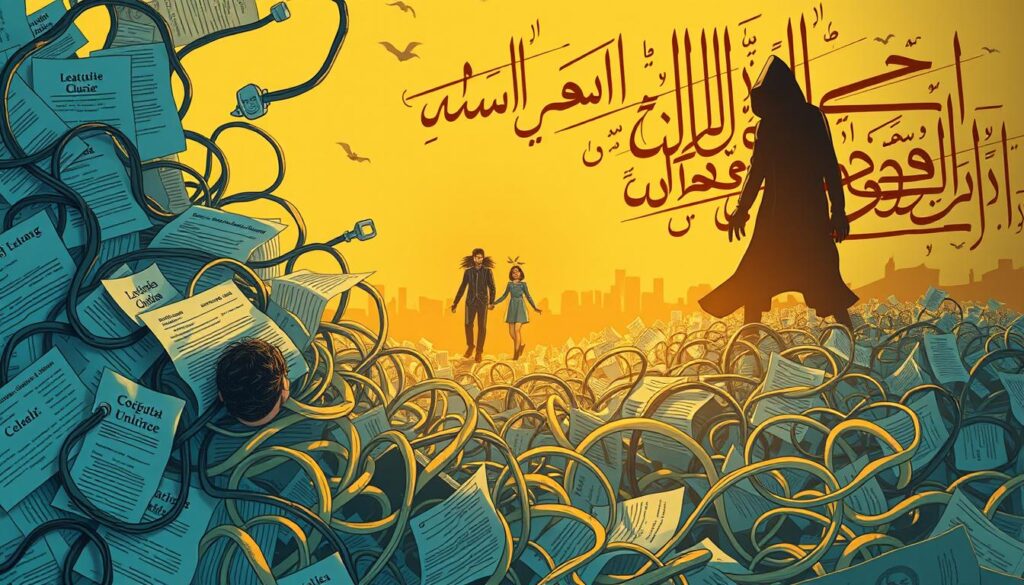 A surreal illustration depicting common misconceptions about life insurance. In the foreground, a person is trapped inside a maze of tangled life insurance policies, representing the complexity and confusion surrounding the topic. The middle ground showcases a family enjoying a carefree lifestyle, oblivious to the importance of life insurance. In the background, a shadowy figure representing the unexpected, lurks ominously, highlighting the need for proper coverage. The scene is illuminated by a warm, golden light, creating a sense of unease and the need for clarity. Subtle hints of Arabic calligraphy in the background add cultural context. The overall mood is one of uncertainty and the need for education about the true value of life insurance.